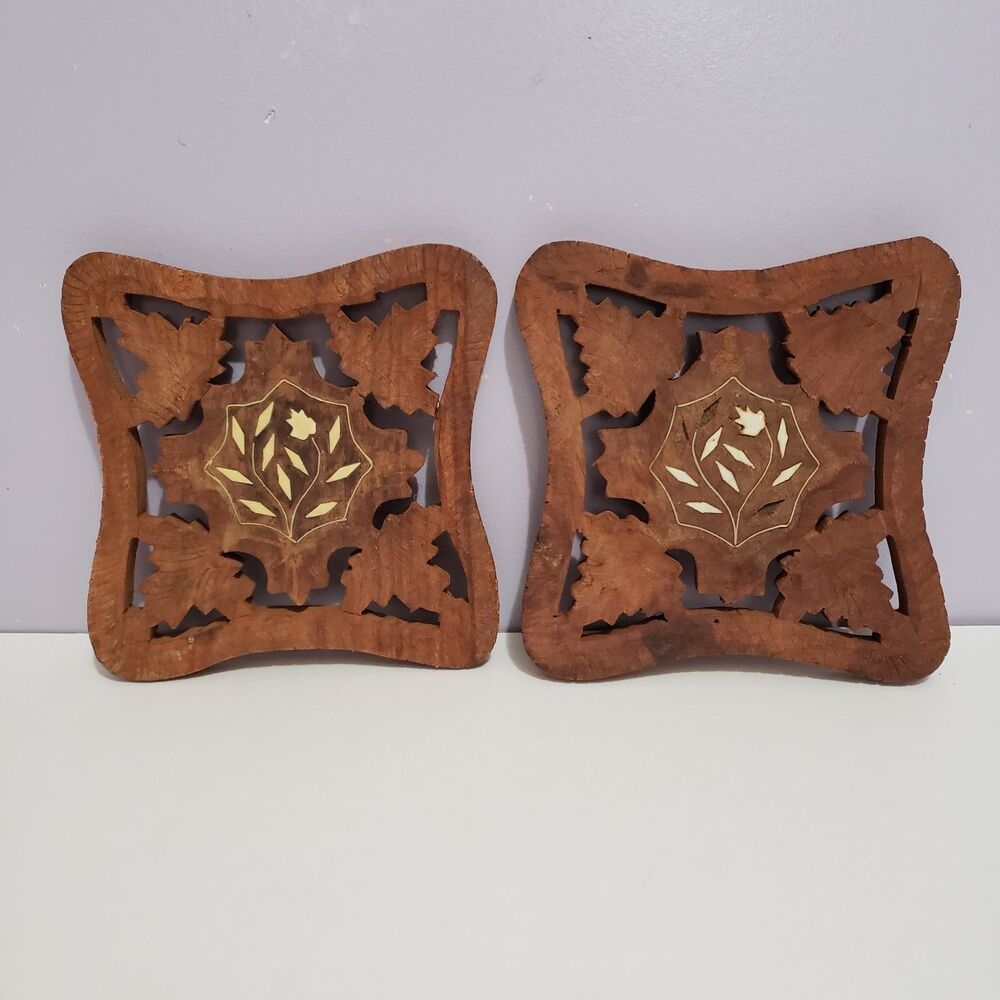Trivet Set of 2 Wooden Handcarved Kitchen Home Country Farmhouse Decor 5.5"